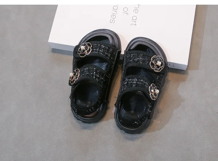 Rose Sweet Style Sandals Summer Solid Color Girls Baby Sandals Open Toe Small PU Slipper Shoes Size 21-35