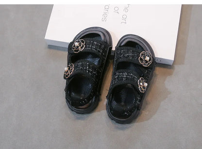Rose Sweet Style Sandals Summer Solid Color Girls Baby Sandals Open Toe Small PU Slipper Shoes Size 21-35