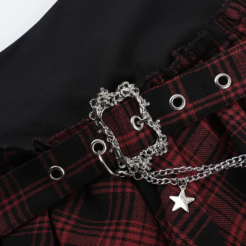 Cyber Punk Dark Gothic Skirt Women Streetwear Harajuku Irregular Patchwork Red Plaid Skirt Hotsweet Y2k Clubwear Skirt