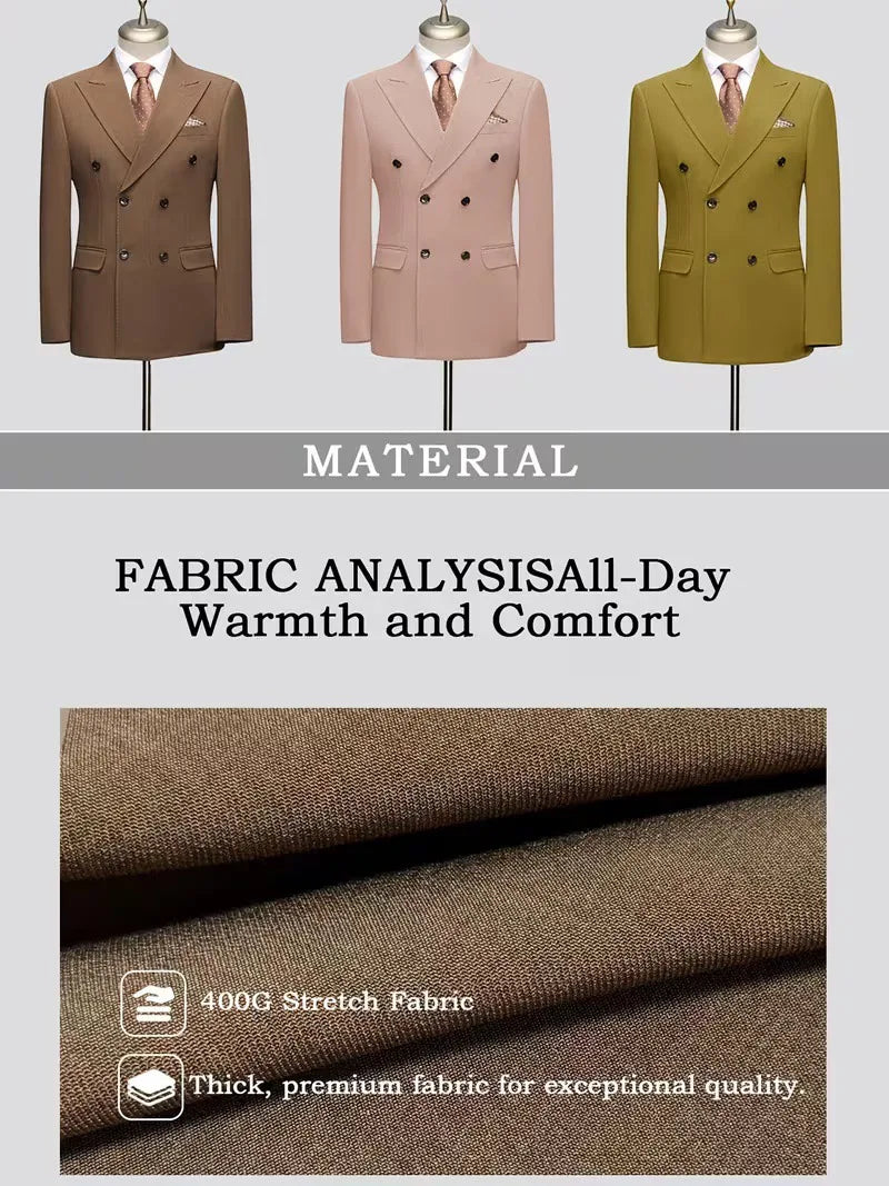 2026 New Double-Breasted Peak Lapel Men's Suit Set Two-Piece Coffee Beige Pink (Jacket   Pants) Casual Business B