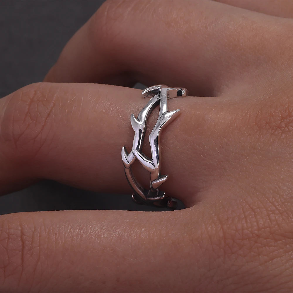 925 Sterling Silver Gothic Thorn Couple Rings for Women Men Punk Retro Cool Spiky Finger Ring Adjustable Hip-hop Y2k Jewelry