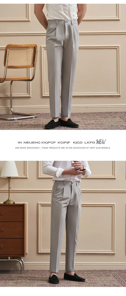 High Quality Men's Business Casual Slim-Fitting Suit Pants, Classic Solid Color Straight Work Trousers