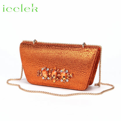Spot Goods Italian Fashion Women Heels Elegant Orange Color Block Design Brown Shoes And Bag Full Rhinestone Party Bag