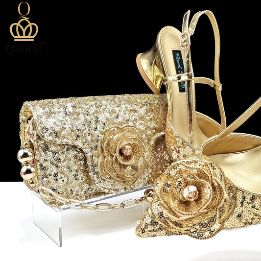 Gold Color Shoes and Bag Elegant Handbags and Medium Heel Shoes Beautiful Handmade Flowers For Wedding Party