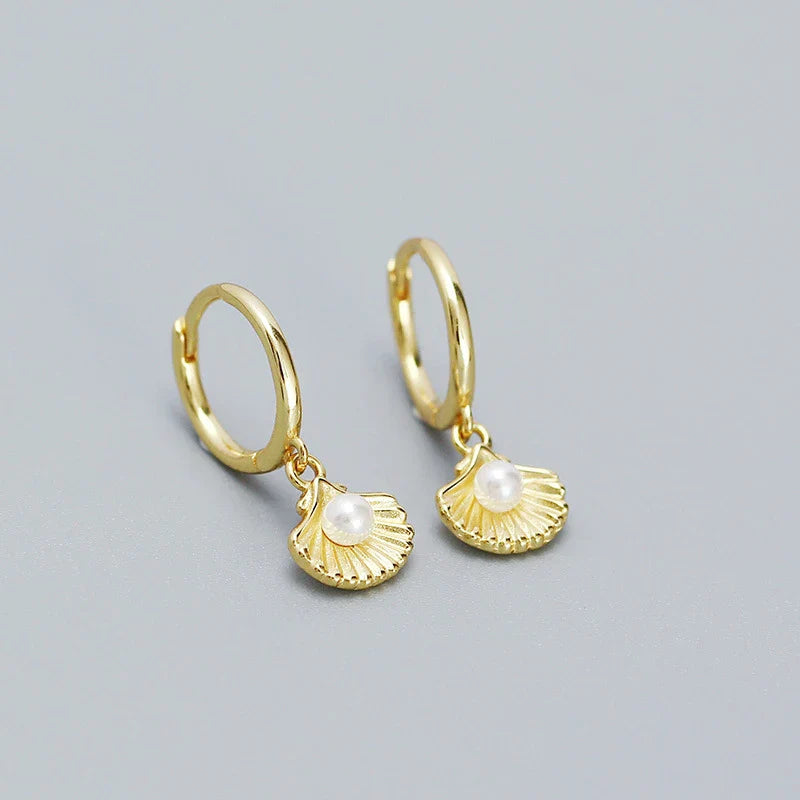 925 Sterling Silver Romantic Sea Shell Pendant Synthetic Pearl Drop Earrings for Women Trendy Beach Bohemian Part Jewelry