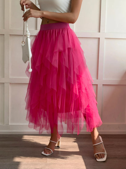 Medium waist chiffon long skirt for women, irregular layered pleated edge layered cake skirt, elegant fairy A-line skirt