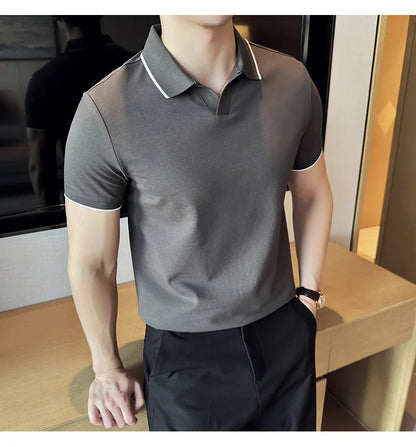 Business Casual Solid Color Men's Polo Shirt, 2024 Summer Classic, Men Short Sleeve V-neck T-shirt, Slim Fit Spliced Polo 4XL-M