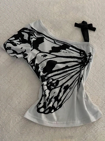 Sexy Off shoulder Summer T shirt Women Korean Harajuku Aesthetic Print Short sleeve Body Tops Female Tees Cotton Front Bow Tied