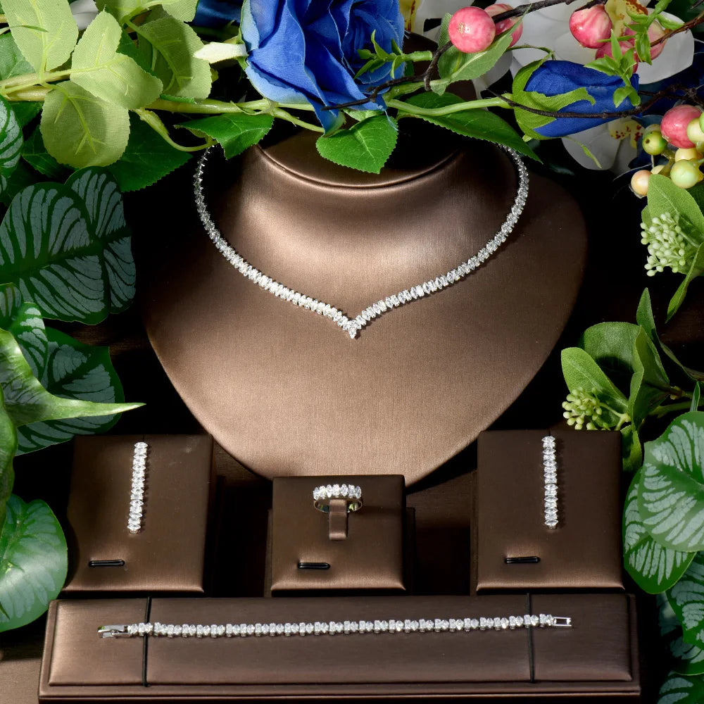 Fashion French Niche 4pcs Set Ambience Hundred CZ Zirconia Dubai Necklace Earrings Bridal Wedding Gift Party S-144