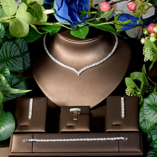 Fashion French Niche 4pcs Set Ambience Hundred CZ Zirconia Dubai Necklace Earrings Bridal Wedding Gift Party S-144