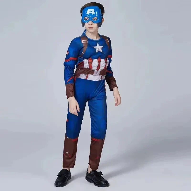Captain America  Muscle Costume Superhero Captain America Muscle Jumpsuit Shield Cape Outfits Halloween Carnival Costumes