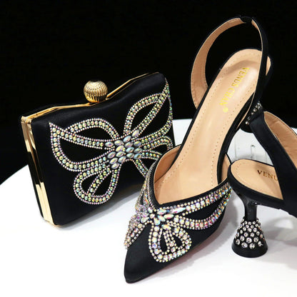Elegant Green Bling Bow Pointed Toe Pumps for Women 2024 Party italian Rhinestones shoes and bags matching set