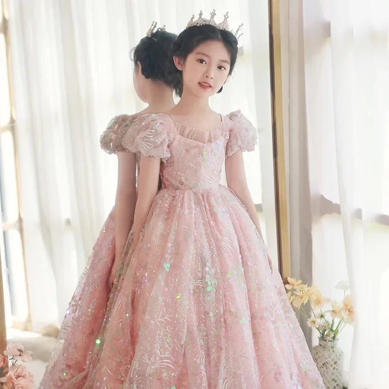 Vestidos de noite infantis bordados de renda, longos vestidos de princesa, vestidos formais elegantes para meninas, vestidos de formatura 3-15 anos, roupas para festa de aniversário