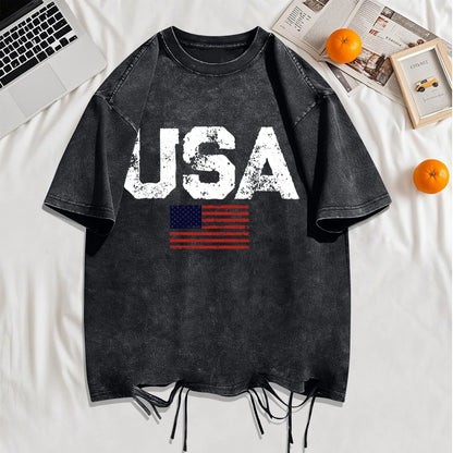 Usa Letter American Flag Printed Washed Holes T-Shirt Man Summer Cotton Loose Top O-Neck Creative Tee Unisex Vintage T Shirt