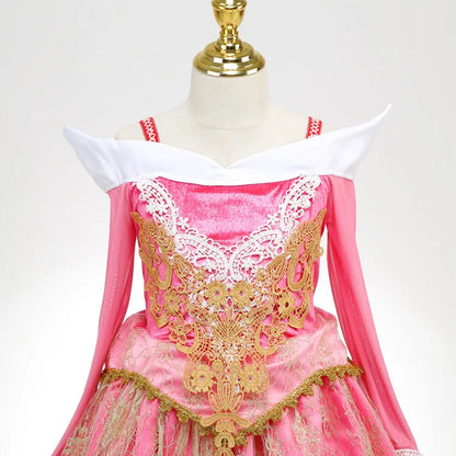 Exquisite Princess Ball Gown Sleeping Beauty Fairy Tale Costume Play Lace Gold Rim Deluxe Christmas Aurora Party Dress 2 4 6 8Yr