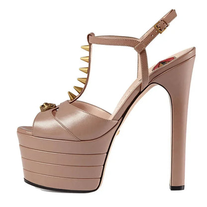 2026 Women's Round Head Sandals Thin Heels 5cm Thick Bottom Slope Heel Fish Mouth Rivet Sandal T-Platform Sandals Size34-43