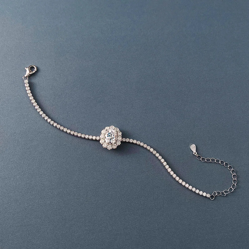 2mm Full Moissanite Tennis Bracelet With 2carat Halo Oval Cut Diamond Pendant Wrist Chain S925 Silver Fine Jewelry For Women