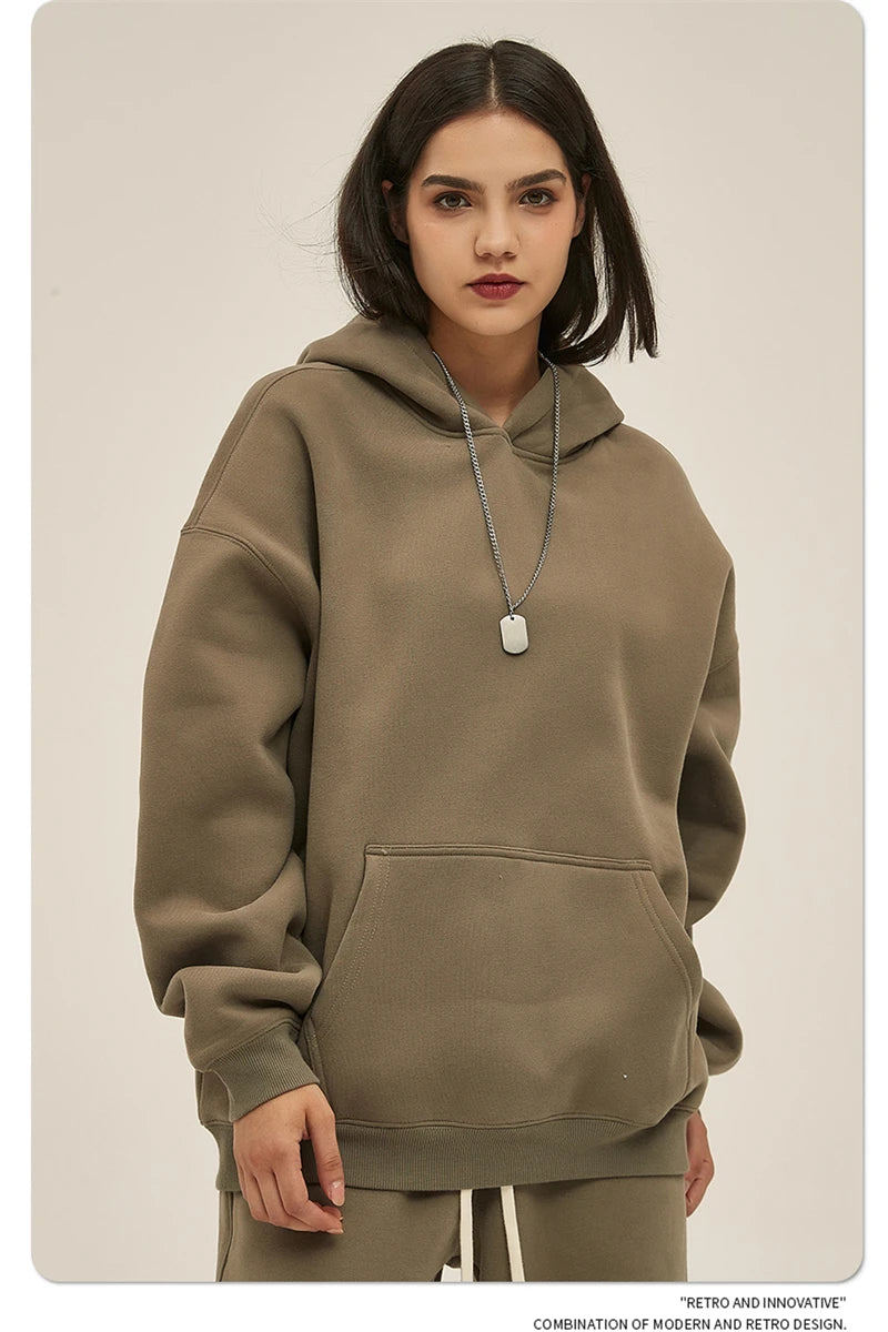 Thick 350gsm Fleece Hooded Hoodies For Men Unisex Winter Oversized Loose Basic Solid Sweatshirts Pullovers Coats HY0631