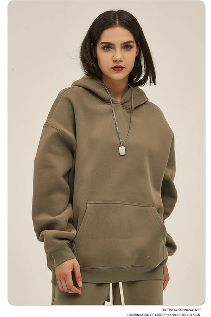 Thick 350gsm Fleece Hooded Hoodies For Men Unisex Winter Oversized Loose Basic Solid Sweatshirts Pullovers Coats HY0631