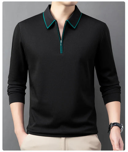 Light luxury brand long sleeved men's polo shirt autumn fashion flip collar half zipper design boutique top silk casual T-shirt