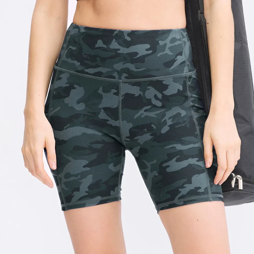 Women's printed nude yoga shorts with pockets skin-friendly tight stretch quick-drying sports fitness hiking running shorts