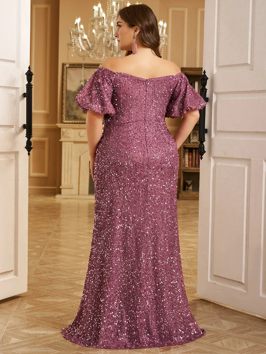 Plus Size One-Shoulder Bubble Sleeve High Slit Shiny Sequin Formal Evening Party Dress Skirt
