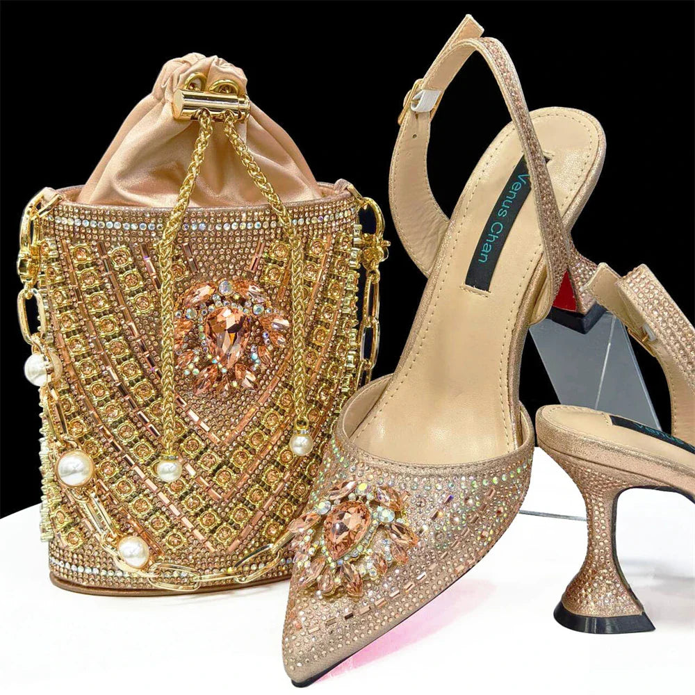 Sapatos de Salto Alto Verdes para Senhoras Design Popular Sapatos e Bolsa Africanos Estilo INS Elegante