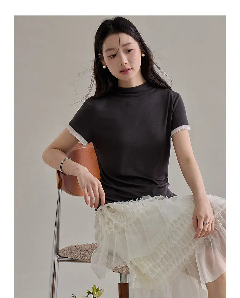 Korean Style Lace Elastic Waist Cake Skirt Mesh Puffy Skirt Women's Dress Knee Length Casual A-Line Skirt Micro Stretch No Slit