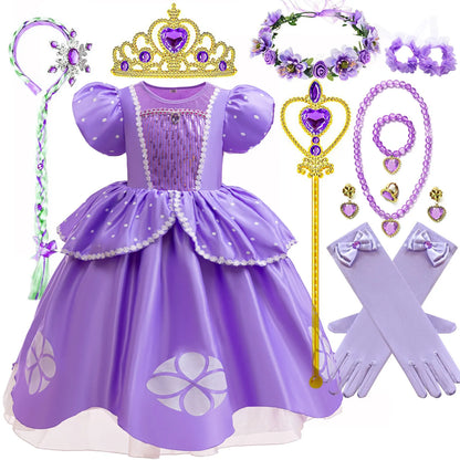 Sofia Princess Dress For Girl Summer Dress Birthday Carnival Party Sophia Sleeve Fluffy Ball Dress + Accessories