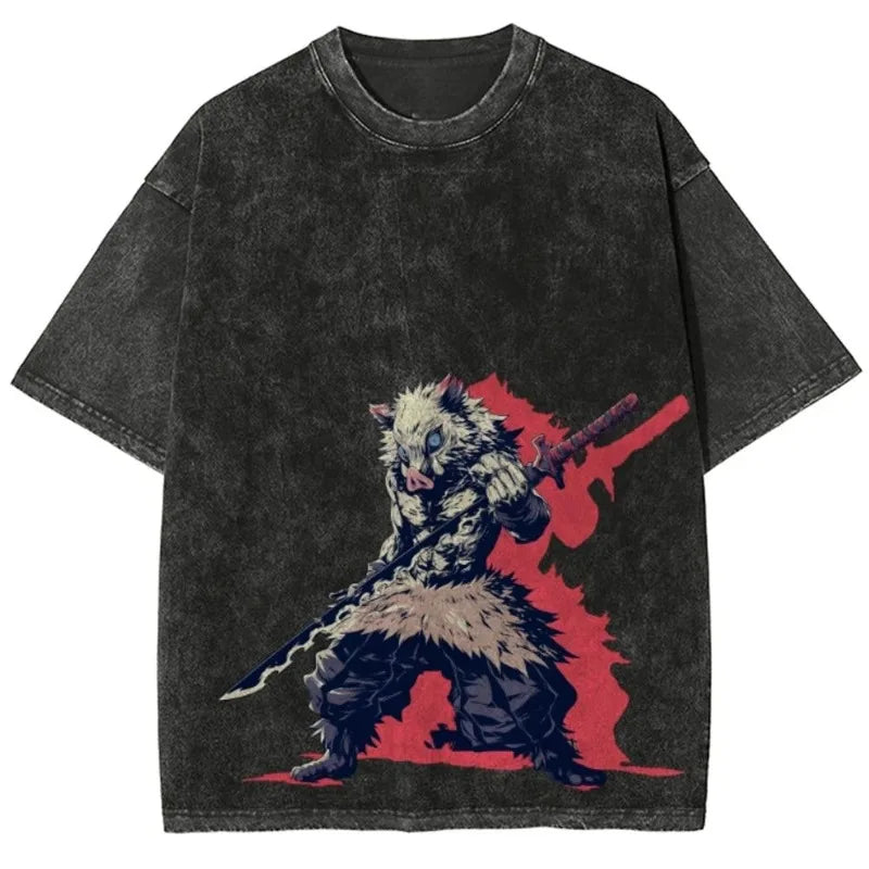 Japanese Anime Demon Slayer Inosuke Print Washed T-shirts Men's Women's Pure Clothing Harajuku Y2K Streetwear Cotton Sportswear