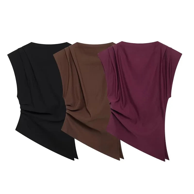 Women Fashion With Pad Solid Pleated Back Zipper Tank Tops Vintage O-Neck Sleeveless Female Chic Lady Tops