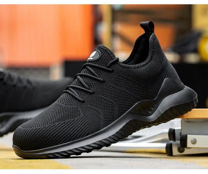 Men‘s Safety Shoes with Steel Toe Puncture Proof Anti-smash Work Sneakers Lightweight Breathable Black Sneakers for Construction