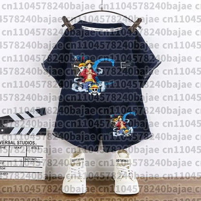 One Piece Boy Girl T-shirt Set Cartoon Tees Anime Letter Print Children Cotton Short Sleeves Shorts 2pcs Set Kids Summer Clothes