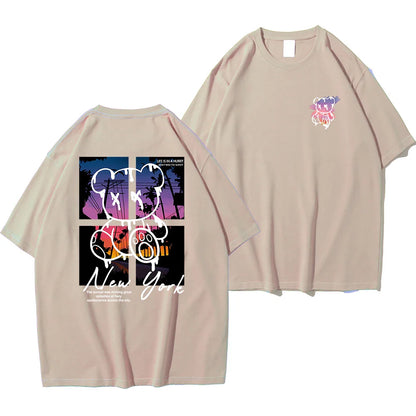 New York Art Word Cartoon Bear Sunset Scenery Design T Shirts Men Fashion Cotton Shirt Loose Summer T Shirts Oversized Tee