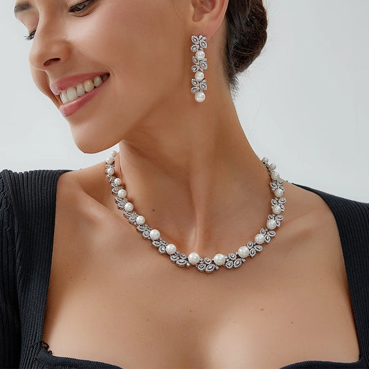Elegant Shiny Cubic Zirconia Big Pearl Necklace Bridesmaid Gift Luxury Bridal Wedding Banquet Jewelry Set for Women Accessories