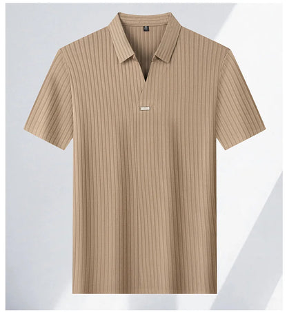 High quality personality texture stripe short sleeve polo shirt summer ice silk breathable buttonless men's solid color T-shirt