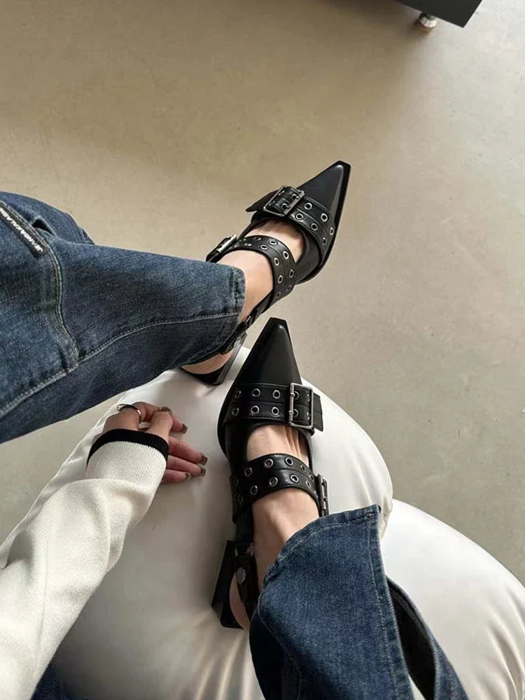French Style Pointed Toe Mary Jane Shoes Retro Medium Thick Heel Shoes for Women with Skirts and Small Leather Shoes