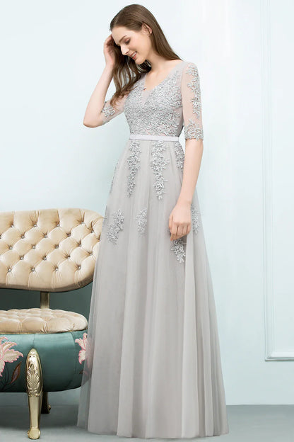 Sliver Evening Dress with Sheer Sleeves & Floral Embroidery, Elegant A-Line Gown with V-Back for Wedding Party
