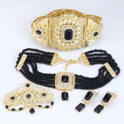 Chic Moroccan Bridal Jewelry Women Caftan Belt Waist Chain Bead Choker Necklace Crystal Earring Brooch Pin Gold Color