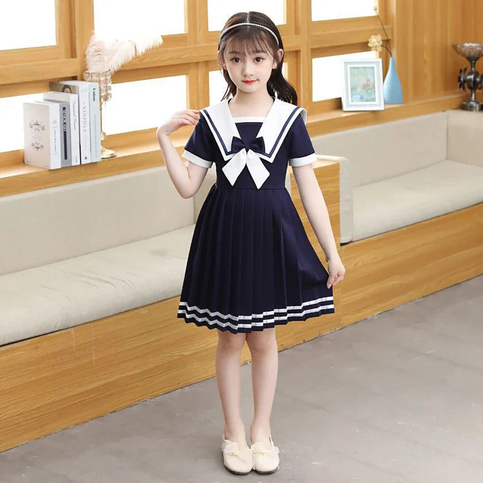 Short Sleeve Solid Color Sailor Collar Dress Girls Princess Style Birthdays Party Dress Girls Casual Dresses