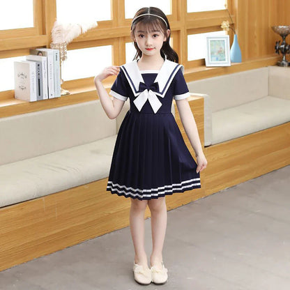 Short Sleeve Solid Color Sailor Collar Dress Girls Princess Style Birthdays Party Dress Girls Casual Dresses