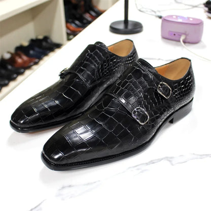 Men's Luxury Italian Real Leather Pointed Toe Double Buckle Formal Business Black Shoes Alligator Print for Business Casual Wear