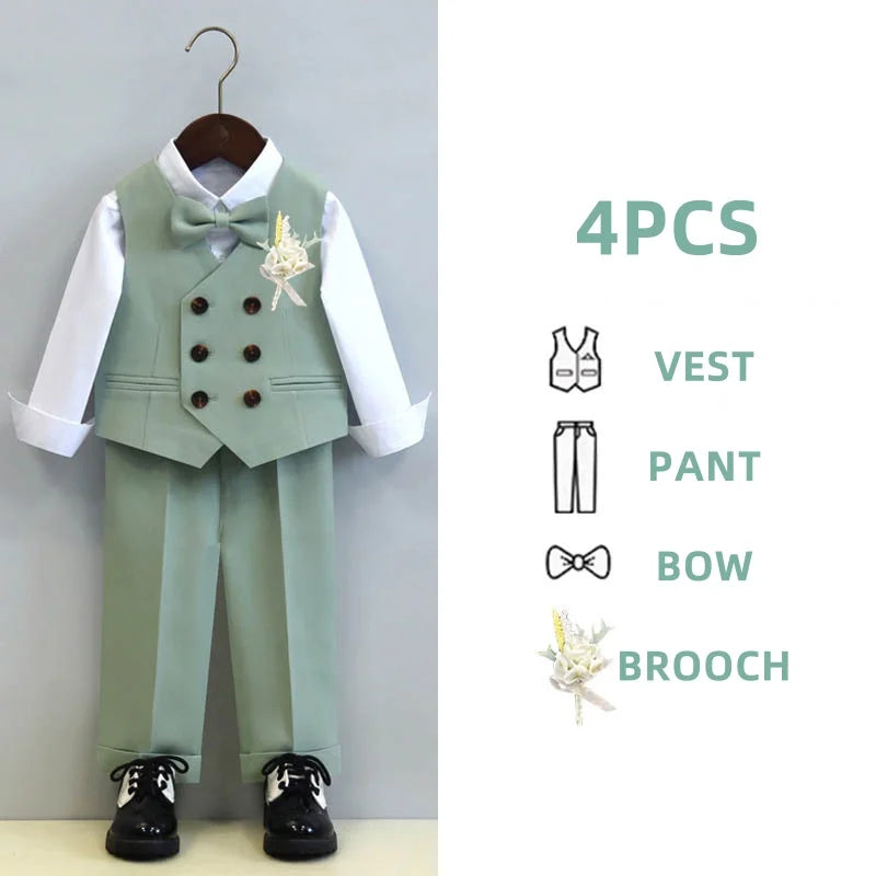 Children's Boys Autumn Formal Green Suit Boys Wedding Suit Children 1 To 14yrs Kids Blazer Pant Bowtie Flower Boys Suits Outfits