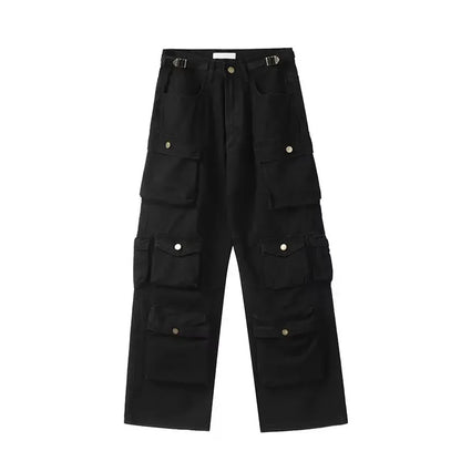 2025SS New Men's Casual Hip-hop Multi Pocket Functional American Retro Brand Fashionable Straight Leg Wide Leg Work Pants Y2K