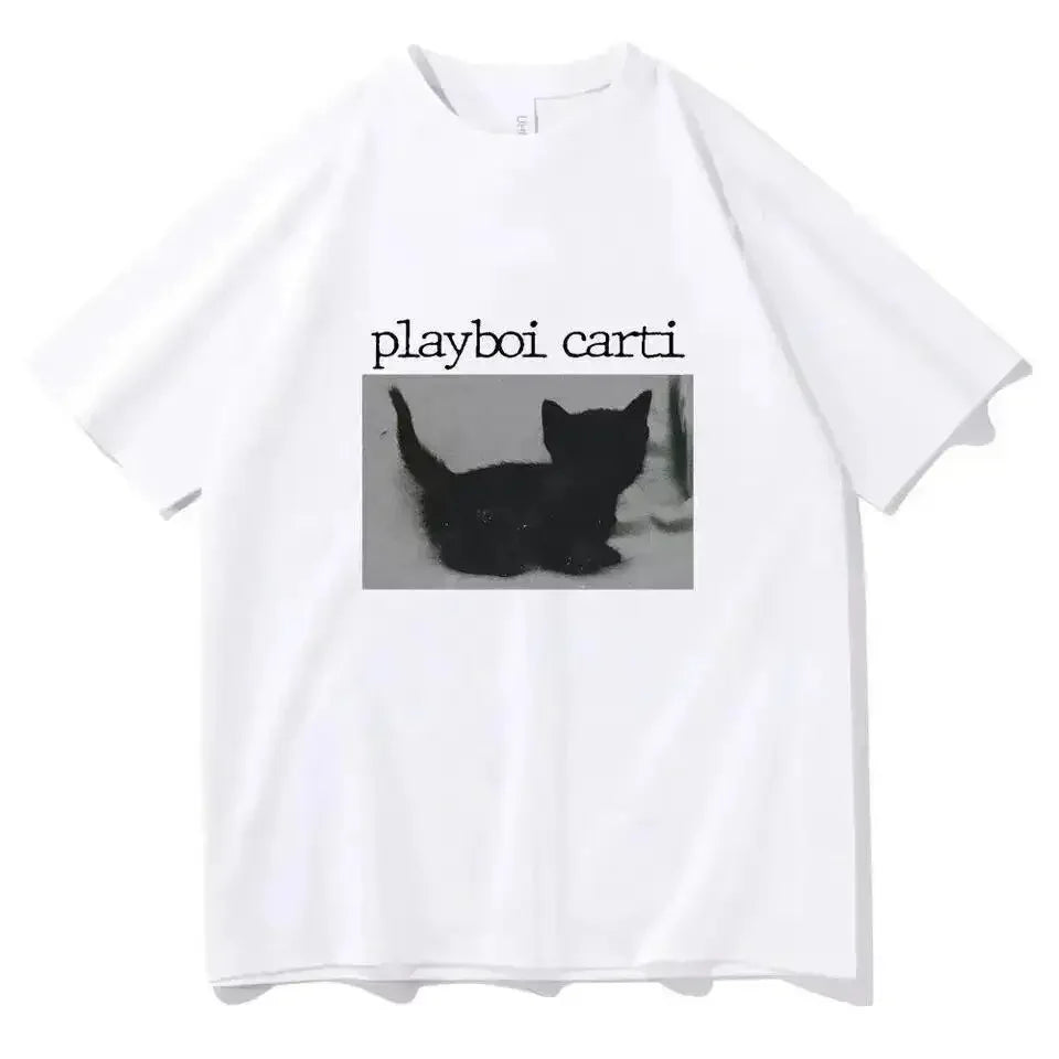 Summer Playboi Carti Hip-Hop T Shirt Cute Cat Harajuku Print Tee Regular Men's Clothing Tops Quality Rapper 2026 New T Shirt