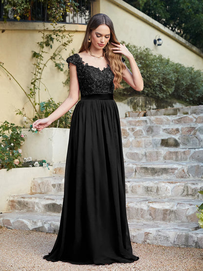 A-line V Neck Sleeveless Floral Lace Chiffon Back Hollow Long Paty Bridesmaid Dress Women 2024 For Wedding Sexy Evening Dress
