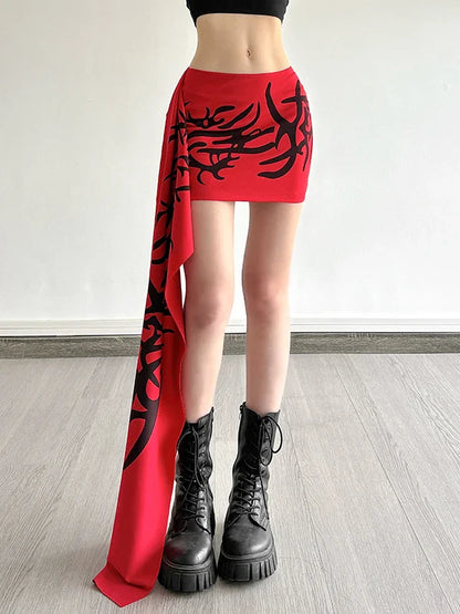 Y2K Millennium Graffiti High Waist Midi Skirt Women's Cool Unisex Asymmetrical Design Polyester Spandex Blend