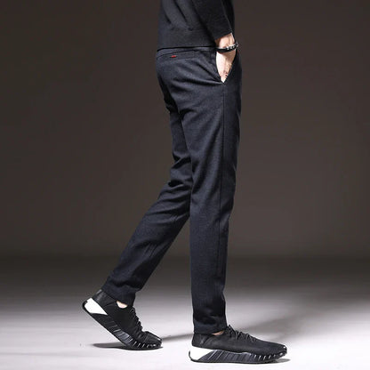 Autumn Winter Thick Men's Casual Pants Brushed Fabric Straight Slim Business Fashion Trousers Stretch Korean Male Clothing