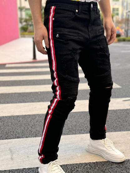 Y2K Men's Denim Hole-out Pants Patchwork Collection - Fashionable Trendy Street Hip-Hop Style Regular Fit Black Cotton Blend