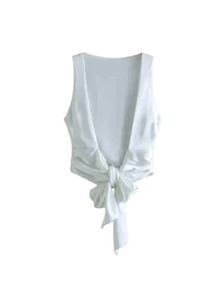 Women Sexy Fashion With Tied Satin Back Open Crop Blouses O Neck Sleeveless Female Shirts Blusas Chic Tops